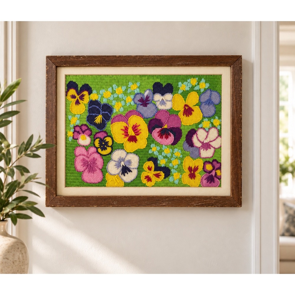 Vintage Framed Pansy Crewel Floral Wall Art Vibrant Colorful Gallery Wall Decor
